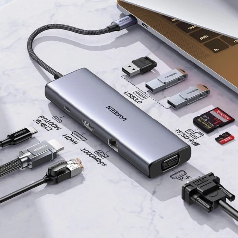 UGreen Adapter Ugreen CM498 USB-C HDMI VGA RJ45 USB-A SD PD 100W Hub 9w1 Szary UGreen Adapter Ugreen CM498 USB-C HDMI VGA RJ45 USB-A SD PD 100W Hub 9w1 Szary