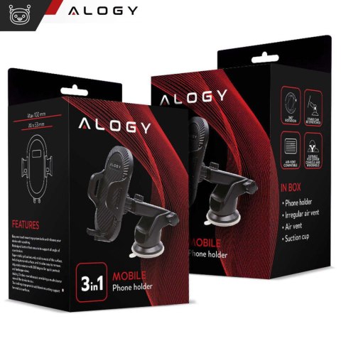 Alogy Uchwyt samochodowy do telefonu do auta 3w1 Alogy na szybę do kratki na deskę rozdzielczą kokpit Czarny Alogy Uchwyt samochodowy do telefonu do auta 3w1 Alogy na szybę do kratki na deskę rozdzielczą kokpit Czarny