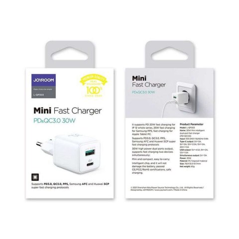 Joyroom Ładowarka sieciowa Joyroom L-QP303 USB + USB-C 30W PD QC 3.0 AFC FCP White Joyroom Ładowarka sieciowa Joyroom L-QP303 USB + USB-C 30W PD QC 3.0 AFC FCP White