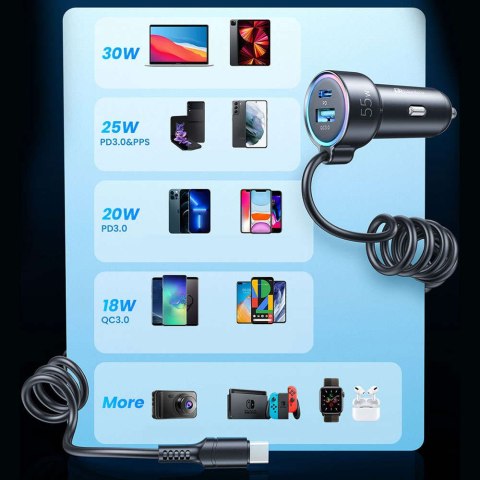 Joyroom Ładowarka samochodowa Joyroom JR-CL07 3w1 z kablem USB-C Typ C 1.5m 55W czarny Joyroom Ładowarka samochodowa Joyroom JR-CL07 3w1 z kablem USB-C Typ C 1.5m 55W czarny