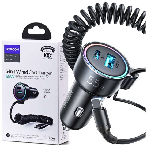 Joyroom Ładowarka samochodowa Joyroom JR-CL07 3w1 z kablem USB-C Typ C 1.5m 55W czarny Joyroom Ładowarka samochodowa Joyroom JR-CL07 3w1 z kablem USB-C Typ C 1.5m 55W czarny