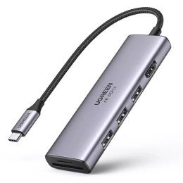 UGreen Ugreen 6w1 wielofunkcyjny HUB USB Typ C - 3x USB 3.2 Gen 1 / HDMI 4K 60Hz / czytnik kart SD i TF szary (60383 CM511)