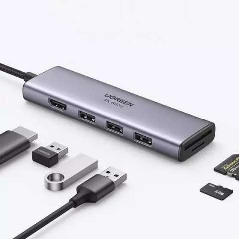 UGreen Ugreen 6w1 wielofunkcyjny HUB USB Typ C - 3x USB 3.2 Gen 1 / HDMI 4K 60Hz / czytnik kart SD i TF szary (60383 CM511) UGreen Ugreen 6w1 wielofunkcyjny HUB USB Typ C - 3x USB 3.2 Gen 1 / HDMI 4K 60Hz / czytnik kart SD i TF szary (60383 CM511)