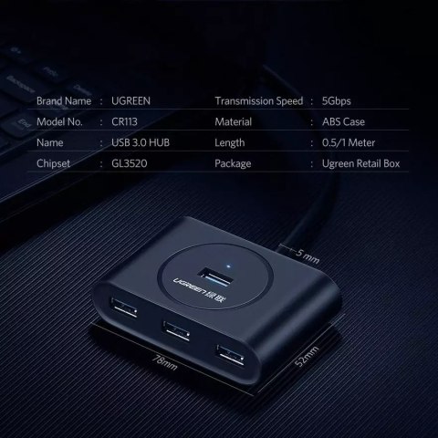 UGreen Ugreen rozdzielacz HUB 4x USB 3.2 Gen 1 (kabel 0,5 m) czarny (20290) UGreen Ugreen rozdzielacz HUB 4x USB 3.2 Gen 1 (kabel 0,5 m) czarny (20290)