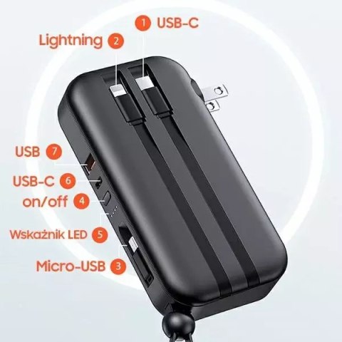 Usams USAMS Powerbank PB63 3in1 10000mAh 20W Quick Charge US+EU Plug + Cables USB-C/Lightning/MicroUSB czarny/black 10KCD17201 (US-CD1 Usams USAMS Powerbank PB63 3in1 10000mAh 20W Quick Charge US+EU Plug + Cables USB-C/Lightning/MicroUSB czarny/black 10KCD17201 (US-CD1