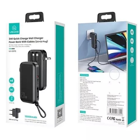 Usams USAMS Powerbank PB63 3in1 10000mAh 20W Quick Charge US+EU Plug + Cables USB-C/Lightning/MicroUSB czarny/black 10KCD17201 (US-CD1 Usams USAMS Powerbank PB63 3in1 10000mAh 20W Quick Charge US+EU Plug + Cables USB-C/Lightning/MicroUSB czarny/black 10KCD17201 (US-CD1