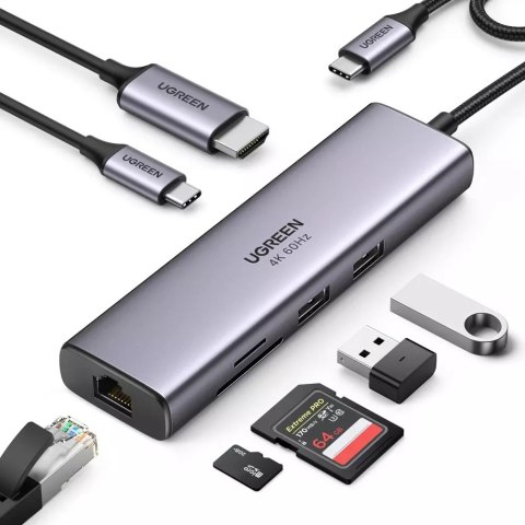 UGreen Wielofunkcyjny HUB UGREEN 7w1 USB Typ C - 2x USB 3.2 Gen 1 / HDMI 4K 60Hz / czytnik kart SD i TF / USB Typ C PD 100W / RJ45 100 UGreen Wielofunkcyjny HUB UGREEN 7w1 USB Typ C - 2x USB 3.2 Gen 1 / HDMI 4K 60Hz / czytnik kart SD i TF / USB Typ C PD 100W / RJ45 100
