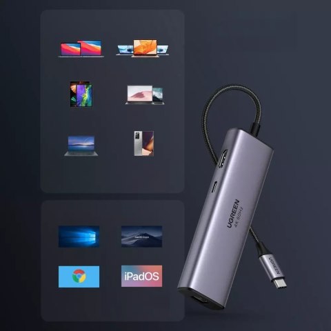 UGreen Wielofunkcyjny HUB UGREEN 7w1 USB Typ C - 2x USB 3.2 Gen 1 / HDMI 4K 60Hz / czytnik kart SD i TF / USB Typ C PD 100W / RJ45 100 UGreen Wielofunkcyjny HUB UGREEN 7w1 USB Typ C - 2x USB 3.2 Gen 1 / HDMI 4K 60Hz / czytnik kart SD i TF / USB Typ C PD 100W / RJ45 100