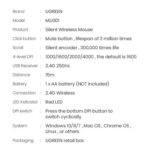 UGreen Myszka UGREEN poręczna bezprzewodowa USB czarny (MU001) UGreen Myszka UGREEN poręczna bezprzewodowa USB czarny (MU001)
