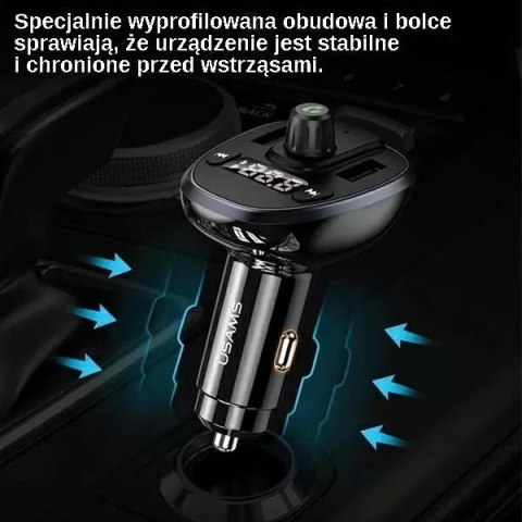 Usams Zestaw głośnomówiący do auta USAMS C21 z transmiterem FM, Bluetooth 5.0, MP3, 2xUSB 3,4A CC115GC01 (US-CC115) czarny/black Usams Zestaw głośnomówiący do auta USAMS C21 z transmiterem FM, Bluetooth 5.0, MP3, 2xUSB 3,4A CC115GC01 (US-CC115) czarny/black
