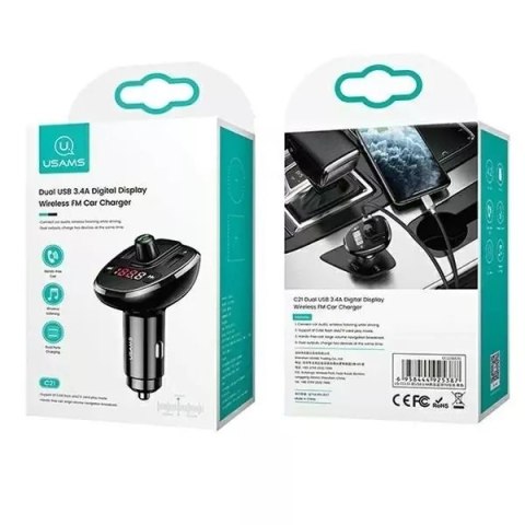 Usams Zestaw głośnomówiący do auta USAMS C21 z transmiterem FM, Bluetooth 5.0, MP3, 2xUSB 3,4A CC115GC01 (US-CC115) czarny/black Usams Zestaw głośnomówiący do auta USAMS C21 z transmiterem FM, Bluetooth 5.0, MP3, 2xUSB 3,4A CC115GC01 (US-CC115) czarny/black