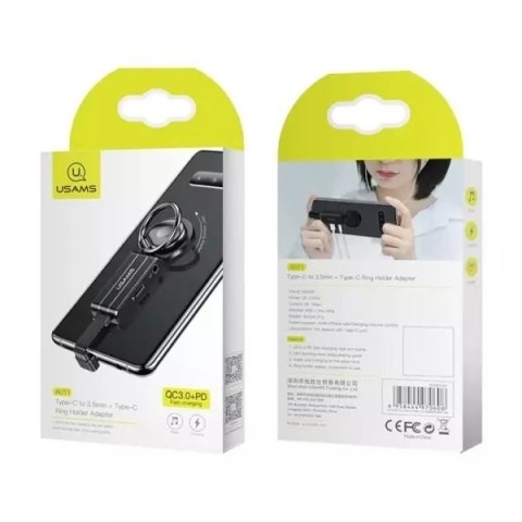 Usams USAMS Adapter AU11 2w1 USB-C - 3,5mm +USB-C + ring holder czarny/black SJ359TC01 (US-SJ359) Usams USAMS Adapter AU11 2w1 USB-C - 3,5mm +USB-C + ring holder czarny/black SJ359TC01 (US-SJ359)