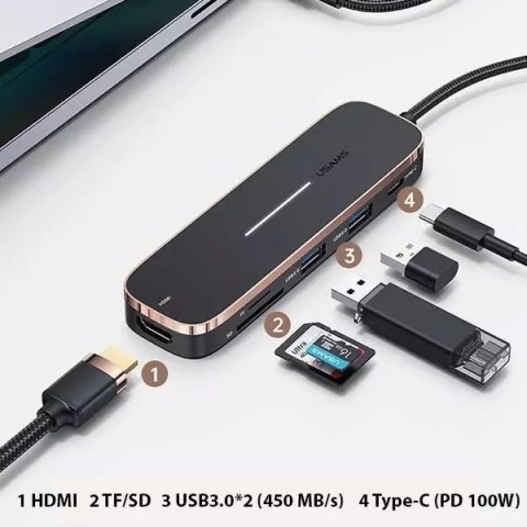 Usams USAMS Adapter HUB 2xUSB + USB-C + HDMI + Micro SD+SD czarny/black SJ575HUB01 (US-SJ575) Usams USAMS Adapter HUB 2xUSB + USB-C + HDMI + Micro SD+SD czarny/black SJ575HUB01 (US-SJ575)