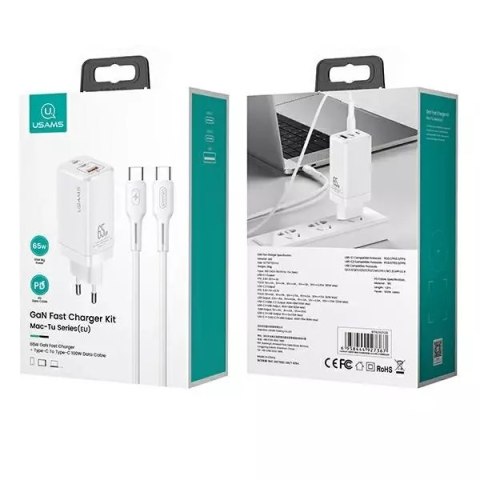 Usams USAMS Ład. siec. MT 2xUSB-C+USB GaN 65W T33 PD + kabel USB-C-USB-C 100W Fast Charging biały/white MTXLOGTC02 Usams USAMS Ład. siec. MT 2xUSB-C+USB GaN 65W T33 PD + kabel USB-C-USB-C 100W Fast Charging biały/white MTXLOGTC02