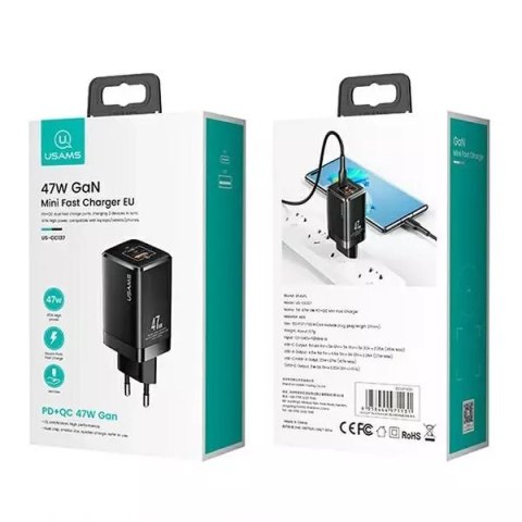 Usams USAMS Ład. siec. T41 USB-C+USB GaN 47W PD+QC (only head) Fast Charging czarny/black CC137TC01 (US-CC137) Usams USAMS Ład. siec. T41 USB-C+USB GaN 47W PD+QC (only head) Fast Charging czarny/black CC137TC01 (US-CC137)