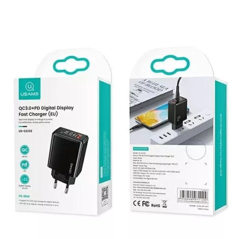 Usams USAMS Ładowarka sieciowa 1xUSB-C+1xUSB T40 20W LED (only head) PD3.0 + QC3.0 Fast Charging czarny/black CC133TC01 (US-CC133) Usams USAMS Ładowarka sieciowa 1xUSB-C+1xUSB T40 20W LED (only head) PD3.0 + QC3.0 Fast Charging czarny/black CC133TC01 (US-CC133)