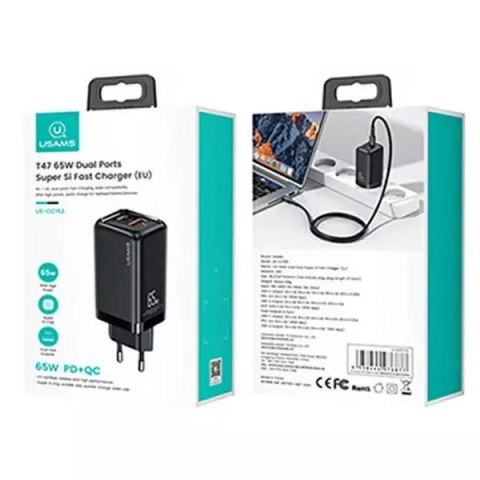 Usams USAMS Ładowarka sieciowa 1xUSB-C+1xUSB T47 65W PD Fast Charging Super Si czarny/black CC153TC01 (US-CC153) Usams USAMS Ładowarka sieciowa 1xUSB-C+1xUSB T47 65W PD Fast Charging Super Si czarny/black CC153TC01 (US-CC153)