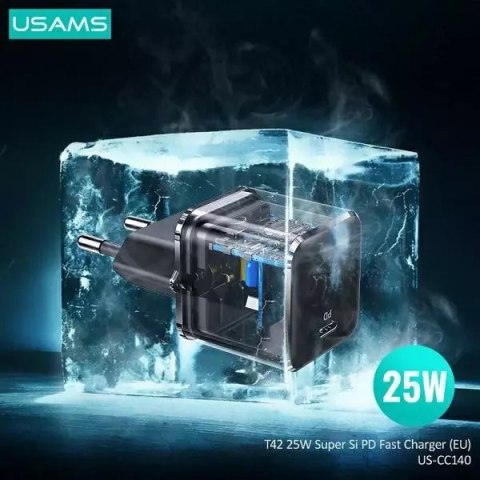 Usams USAMS Ładowarka sieciowa 1x USB-C T42 mini 25W (only head) Super SI 5V-3A PD3.0 Fast Charging czarny/black CC140TC01 (US-CC140) Usams USAMS Ładowarka sieciowa 1x USB-C T42 mini 25W (only head) Super SI 5V-3A PD3.0 Fast Charging czarny/black CC140TC01 (US-CC140)