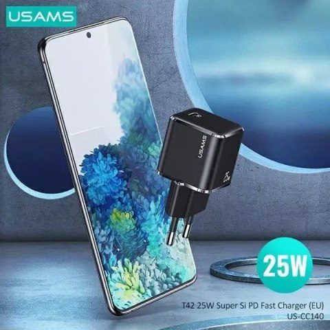 Usams USAMS Ładowarka sieciowa 1x USB-C T42 mini 25W (only head) Super SI 5V-3A PD3.0 Fast Charging czarny/black CC140TC01 (US-CC140) Usams USAMS Ładowarka sieciowa 1x USB-C T42 mini 25W (only head) Super SI 5V-3A PD3.0 Fast Charging czarny/black CC140TC01 (US-CC140)