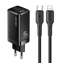 Usams USAMS Ładowarka sieciowa MT 2xUSB-C+USB GaN 65W T33 PD + kabel USB-C-Lightning 30W Fast Charging czarny/black MTXLOGTL01