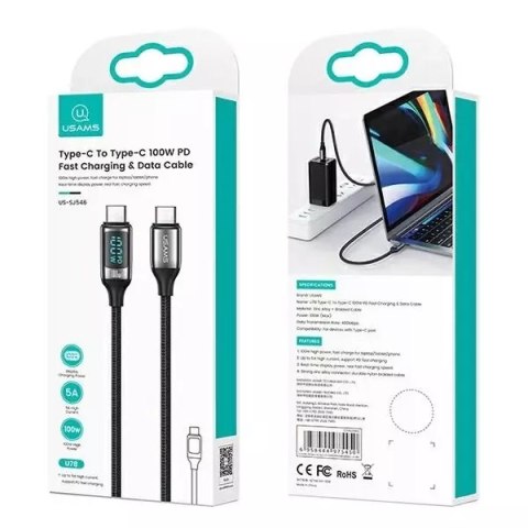Usams USAMS Kabel pleciony U78 USB-C na USB-C LED 3m 100W Fast Charging czarny/black SJ559USB01 (US-SJ559) Usams USAMS Kabel pleciony U78 USB-C na USB-C LED 3m 100W Fast Charging czarny/black SJ559USB01 (US-SJ559)