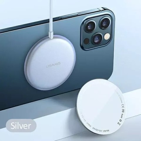 Usams USAMS Ładowarka indukcyjna US-CD160 magnetic W2 15W aluminiowa iPhone 12 series srebrny/silver CD160DZ01 Usams USAMS Ładowarka indukcyjna US-CD160 magnetic W2 15W aluminiowa iPhone 12 series srebrny/silver CD160DZ01
