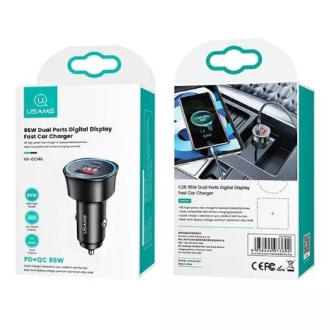 Usams USAMS Ładowarka samochodowa 1xUSB+1xUSB-C C26 95W (only head) Fast Charge czarny/black CC146TC01 (US-CC146) Usams USAMS Ładowarka samochodowa 1xUSB+1xUSB-C C26 95W (only head) Fast Charge czarny/black CC146TC01 (US-CC146)