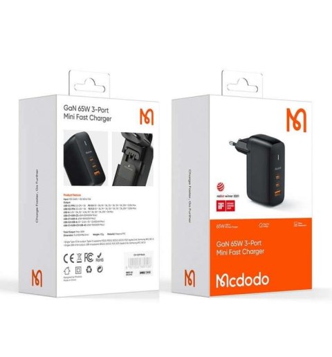 Mcdodo Ładowarka sieciowa GaN 65W Mcdodo CH-0291 2x USB-C, USB-A (czarna) Mcdodo Ładowarka sieciowa GaN 65W Mcdodo CH-0291 2x USB-C, USB-A (czarna)