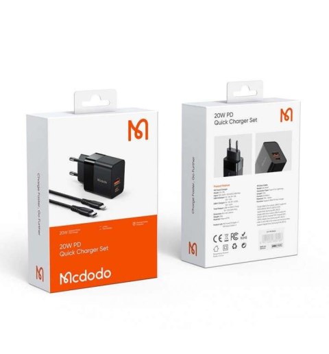 Mcdodo Ładowarka sieciowa Mcdodo CH-1952 USB + USB-C, 20W + kabel USB-C do Lightning (czarna) Mcdodo Ładowarka sieciowa Mcdodo CH-1952 USB + USB-C, 20W + kabel USB-C do Lightning (czarna)