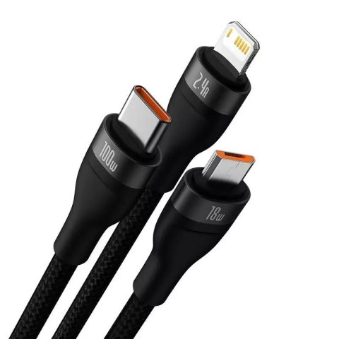 Baseus Kabel USB 3w1 Baseus Flash Series, USB-C + micro USB + Lightning, 100W, 1.2m (czarny) Baseus Kabel USB 3w1 Baseus Flash Series, USB-C + micro USB + Lightning, 100W, 1.2m (czarny)