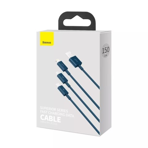 Baseus Kabel USB 3w1 Baseus Superior Series, USB do micro USB / USB-C / Lightning, 3.5A, 1.2m (niebieski) Baseus Kabel USB 3w1 Baseus Superior Series, USB do micro USB / USB-C / Lightning, 3.5A, 1.2m (niebieski)