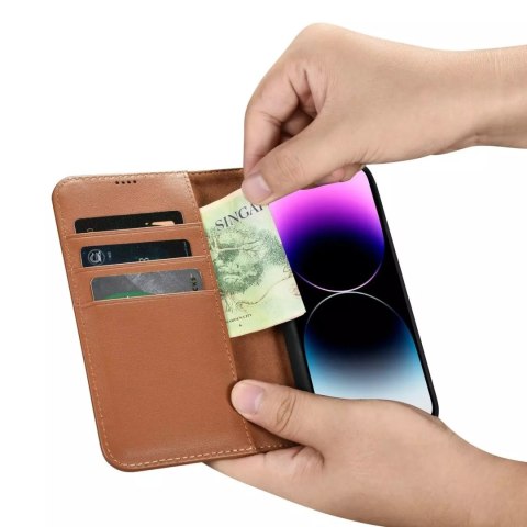 ICarer Etui na telefon iCarer Wallet Case 2in1 do iPhone 14 Pro Max skórzany pokrowiec z klapką Anti-RFID brązowy ICarer Etui na telefon iCarer Wallet Case 2in1 do iPhone 14 Pro Max skórzany pokrowiec z klapką Anti-RFID brązowy